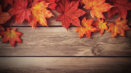 Naklejka na ściany i meble Maple leaves on wood background with copy space in autumn Generative ai