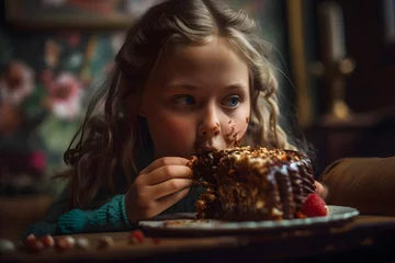Fotobehang Fat little girl eats a birthday cake, overeating dirty at the table. Generative AI. © aapsky