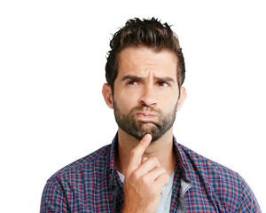 Man, face and thinking for idea, solution or question standing isolated on a transparent PNG...