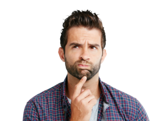 Man, face and thinking for idea, solution or question standing isolated on a transparent PNG background. Thoughtful male person with finger on chin in doubt or think for memory, remember or decision