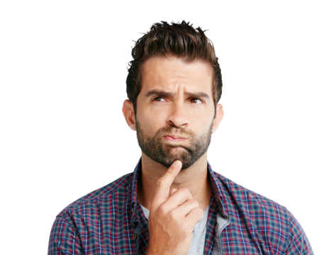 Man, face and thinking for idea, solution or question standing isolated on a transparent PNG background. Thoughtful male person with finger on chin in doubt or think for memory, remember or decision