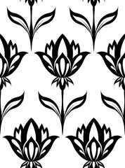 Simple vector pattern with black silhouettes decorative geometric flowers on white background. Monochrome floral folk art texture.