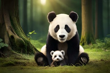 Fototapety  Generate a realistic image of a giant panda savoring fresh bamboo shoots, capturing the intricate details of its fur and the lush green surroundings.