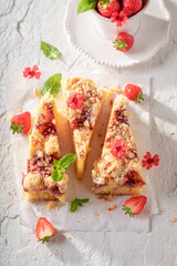 Sweet and tasty strawberry cake as summer dessert.