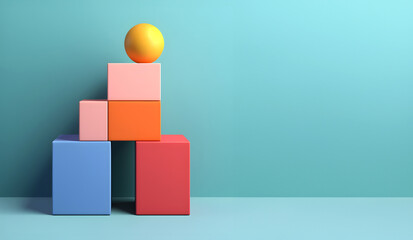 Obraz premium Abstract minimal concept. Vibrant bright multi colour background with abstract geometric cube box landscape. Mock up template for product presentation. 3D rendering. copy text space 