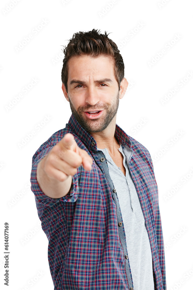 Poster portrait, pointing and smile with a man in a shirt isolated on a transparent background for a decisi