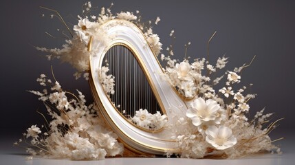 A harp surrounded by white flowers and feathers