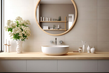 Fototapeta na wymiar Scandinavian Bathroom interior. Modern White sink on wood counter with round mirror and flowers.
