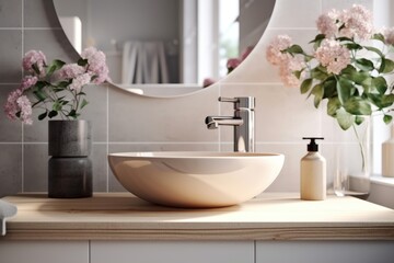 Naklejka na ściany i meble Scandinavian Bathroom interior. Modern White sink on wood counter with round mirror and flowers.