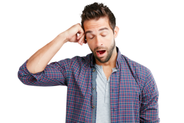 Tired, exhaustion and young man yawning for burnout, stress or bored face expression. Fatigue, sleepy and handsome male person ready for a nap or sleeping isolated by a transparent png background.