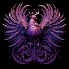 Phoenix sculpture with purple feathers on a black background