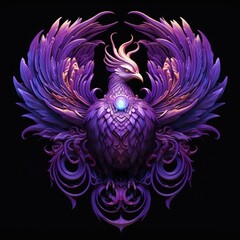 Phoenix sculpture with purple feathers on a black background
