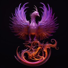 Phoenix sculpture with purple feathers on a black background