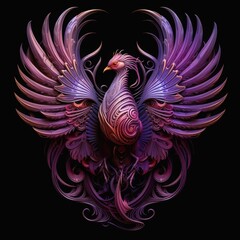 Phoenix sculpture with purple feathers on a black background