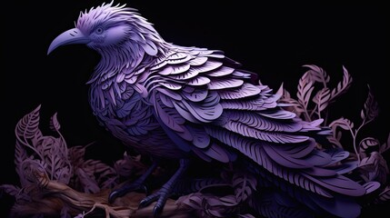 A paper sculpture of a bird in purple lighting