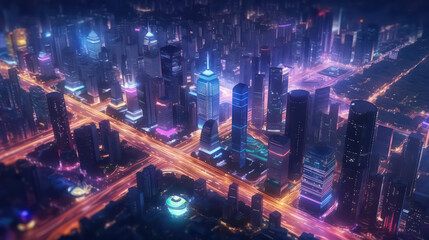 A stunning bird’s eye view of a cyberpunk city with towering skyscrapers and glowing neon lights. This image evokes the mood and ambiance of a futuristic world AI Generative AI Generative