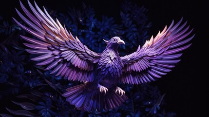 A paper sculpture of a bird in purple lighting