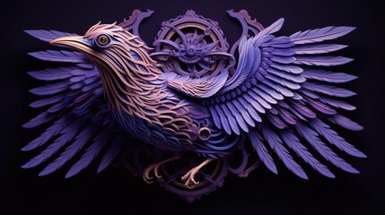 A paper sculpture of a bird in purple lighting