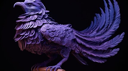 A paper sculpture of a bird in purple lighting
