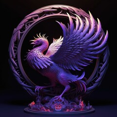 Phoenix sculpture with purple feathers on a black background