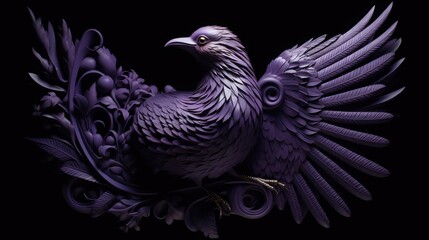 A paper sculpture of a bird in purple lighting