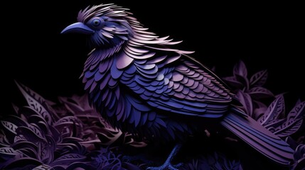 A paper sculpture of a bird in purple lighting