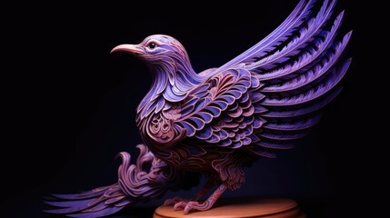 A paper sculpture of a bird in purple lighting