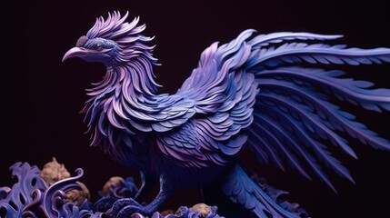 A paper sculpture of a bird in purple lighting