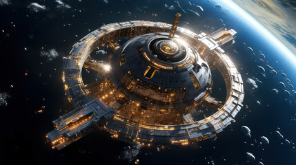 A stunning bird’s eye view of a futuristic space station orbiting a planet with a ring system. This image captures the beauty and mystery of space exploration in sci-fi style AI Generative