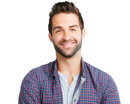 Portrait, fashion and man with a smile, beauty or confident guy isolated against a transparent background. Face, male person or model with happiness, streetwear or stylish clothes with png and Canada