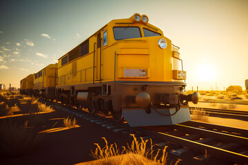 Yellow locomotive on the railway in the desert, freight train. Generative AI. - obrazy, fototapety, plakaty