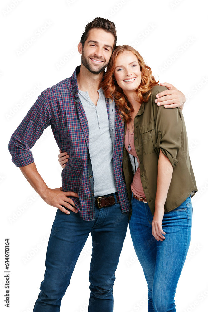 Sticker Isolated couple, smile and love in portrait with hug, care and bond by transparent png background. Happy ginger woman, man and embrace with excited face, romance and together for date with fashion