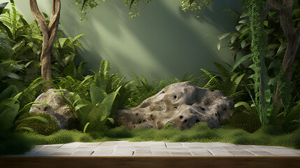 Stone platform in tropical forest for product presentation and green wall.