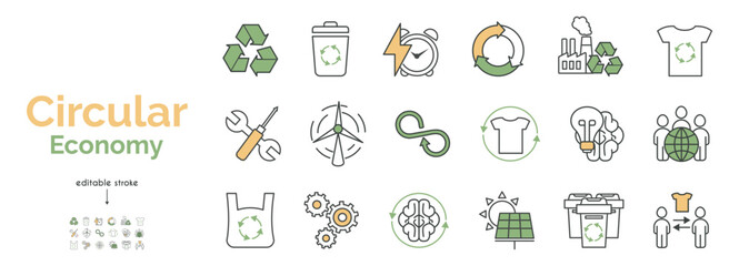 A set of icons for the circular economy. Production, usage, recycling, energy saving, repair, renewable resources,consumption. Vector line illustration in yellow and green. Editable stroke. 