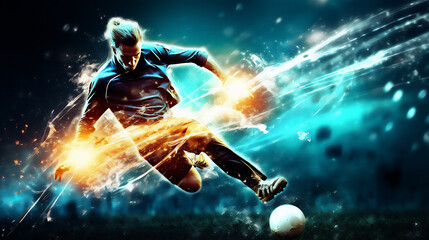 Fototapeta na wymiar Soccer Player in a dynamic Illustration. Ideal for Banner, Background, Poster for Sports. Ai generated
