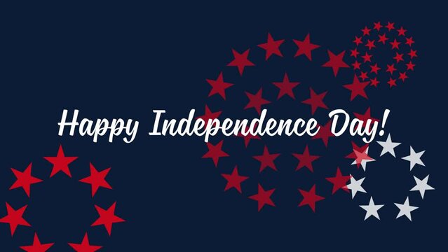 "Happy Independence Day" in a fun script font over a repeating starry, red white and blue fireworks background