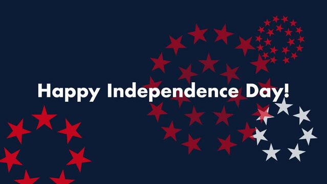 "Happy Independence Day" in a stoic, sans-serif font over a repeating, starry, red white and blue fireworks background