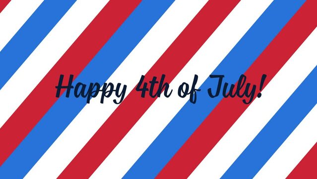"Happy  4th of July!" in a fun script font over a moving red, white, and blue patriotic striped background