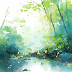 Summer in the green forest. Watercolor illustration. Generative AI technology.