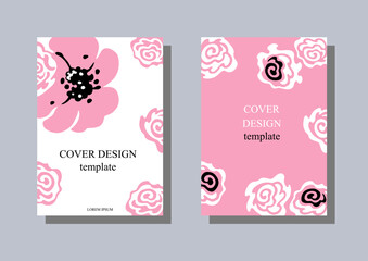 Pink Anemone flowers. Two floral poster templates. Vector hand-drawn artistic illustration on white background.