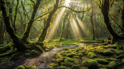 Get ready to be transported to a fairytale land with this enchanting forest scene. Sunlight filters through the dense foliage, casting a magical glow on the moss-covered ground.