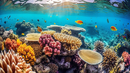 Discover the hidden wonders beneath the ocean's surface with this incredible shot of a coral reef teeming with vibrant marine life. Dive into a world of wonder and enchantment Generative AI