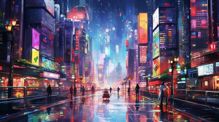 "Prepare to be captivated by the kaleidoscope of colors and energy of a bustling cityscape, where towering skyscrapers and neon lights create a vibrant urban symphony Generative AI