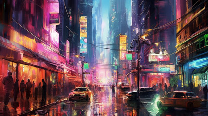 "Prepare to be captivated by the kaleidoscope of colors and energy of a bustling cityscape, where towering skyscrapers and neon lights create a vibrant urban symphony Generative AI