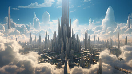 "Behold the architectural marvel that is the futuristic skyline of a metropolis, where towering skyscrapers pierce the clouds, offering a glimpse into the limitless possibilities o Generative AI