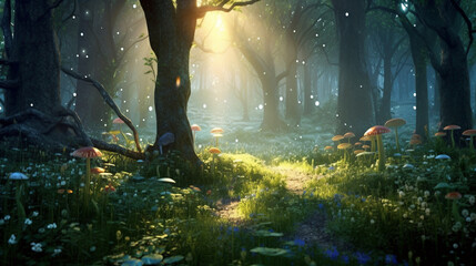 Step into a world of whimsy and imagination in this fairytale forest, where sunlight dances through the trees, casting enchanting shadows on the forest floor." Generative AI