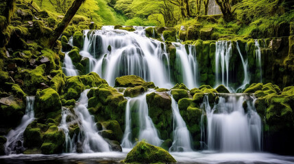 Prepare to be captivated by the ethereal beauty of this otherworldly waterfall, as water cascades down the moss-covered rocks like a mystical veil." Generative AI