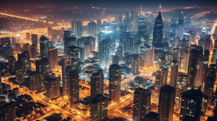 Obraz premium This jaw-dropping aerial shot captures a bustling cityscape at night, illuminating the urban jungle with a dazzling display of lights.