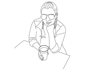 black and white portrait of a girl with glasses with a glass of beer or cocktail in one line