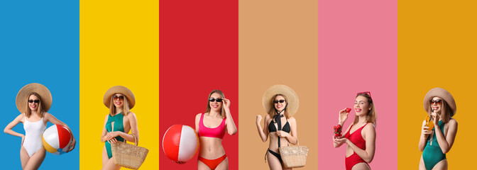 Set of attractive young women in swimsuits on color background
